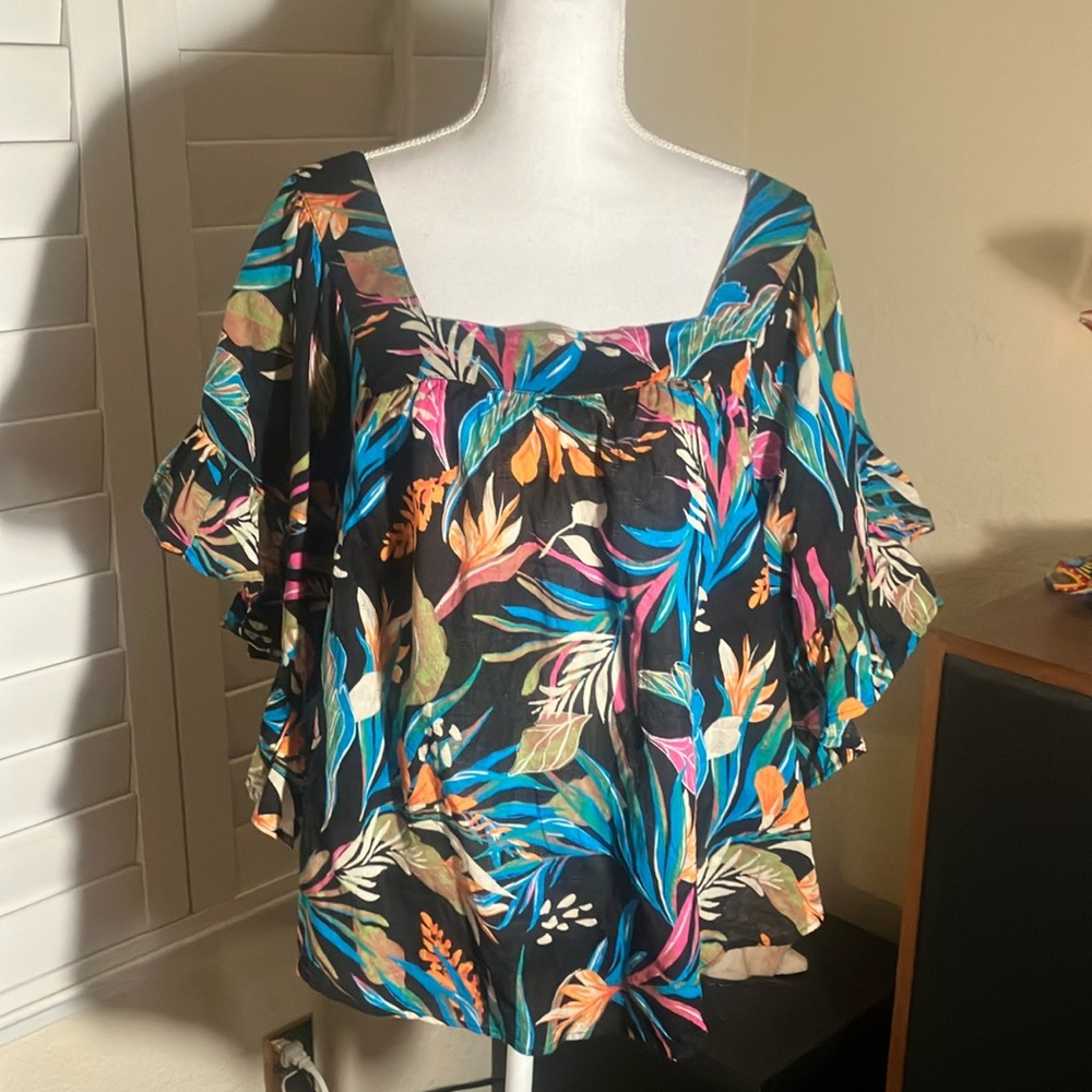 🖤🩵Terra Sky Black Floral Top W/Square Neckline & Ruffled Sleeves Sz OX (14 W)